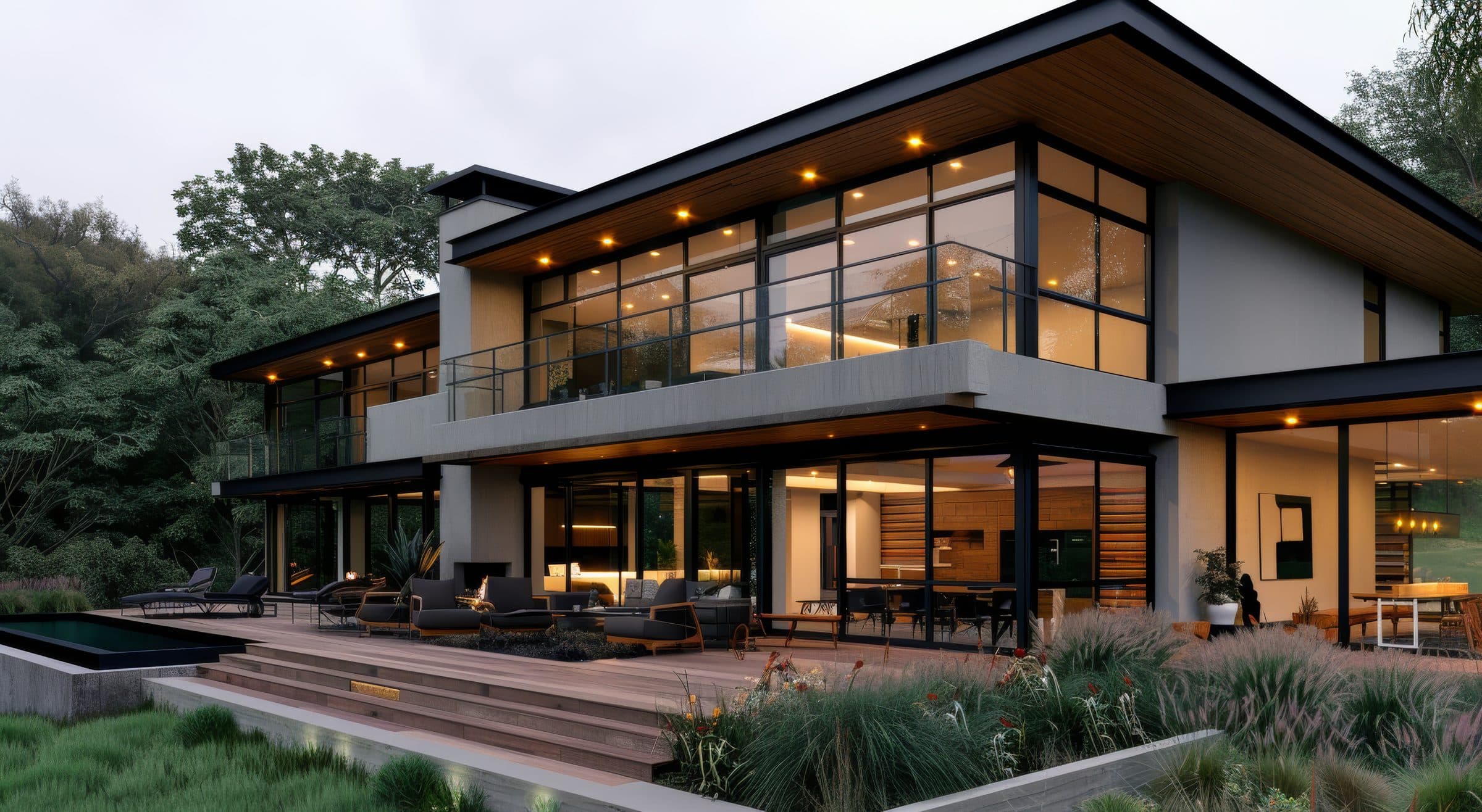 Modern residential property at dusk